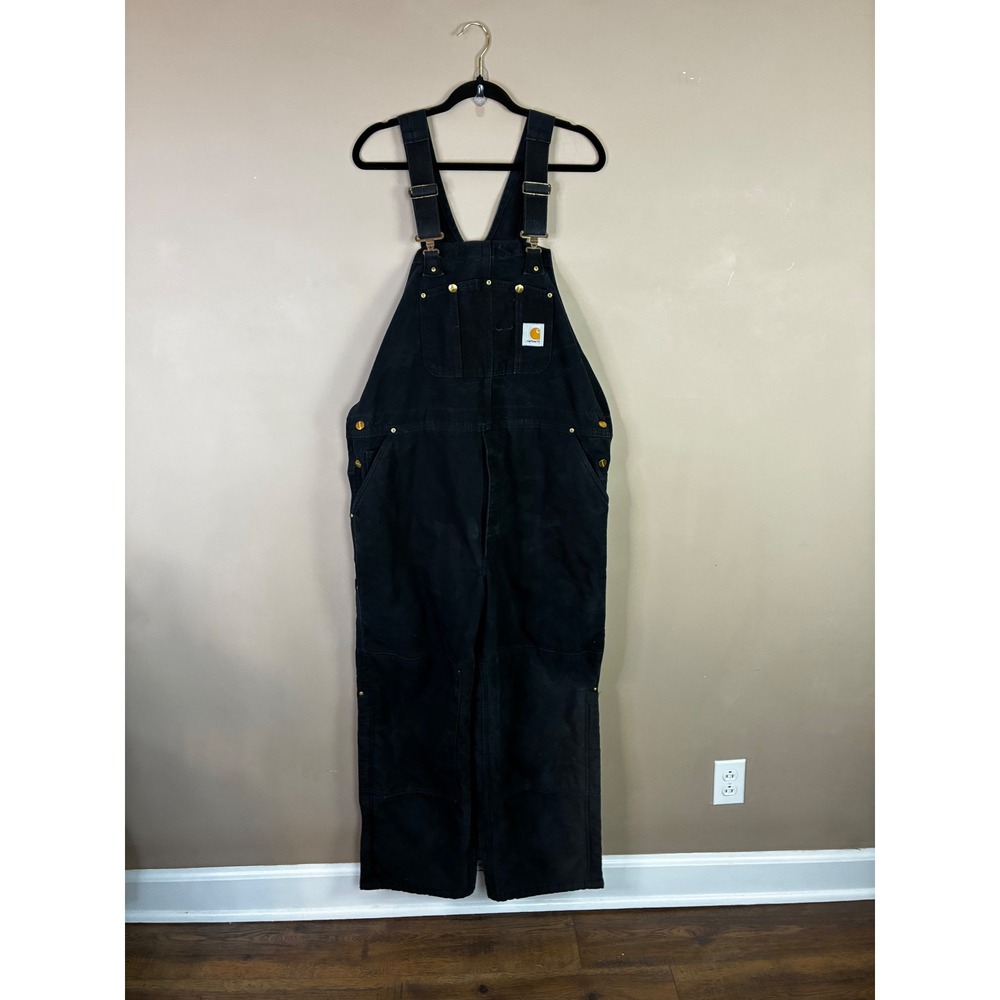 Carhartt R02 BLK Black Duck Quilt Lined Double Knee Bib Overalls‎ Mens 44x30 USA